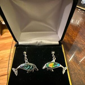 Silver Dolphin Fish Earrings with Multicolor Inlay